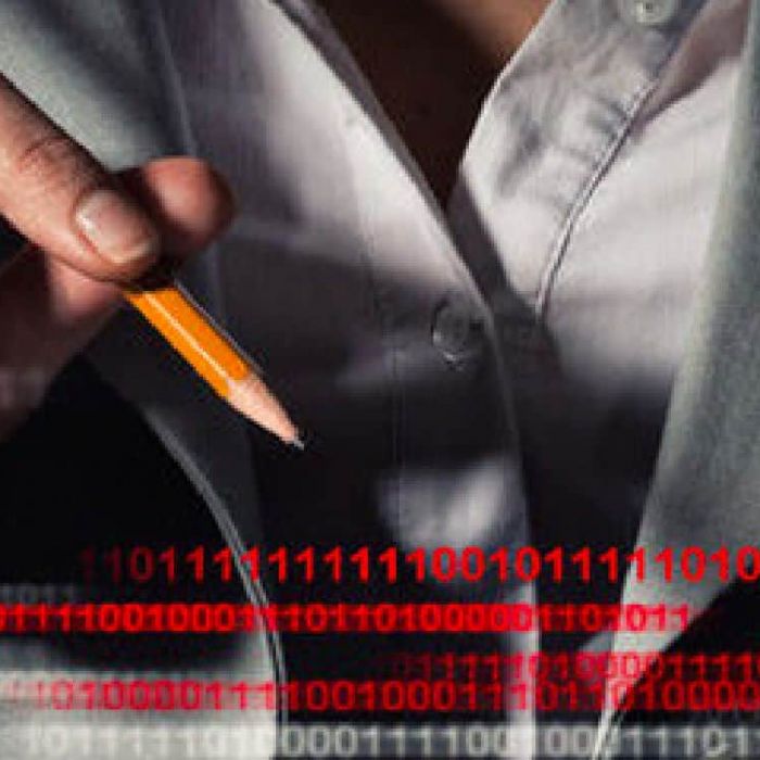 Man writing with a pencil with binary code below him