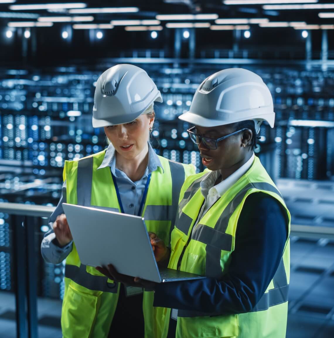 Two female coworkers using laptop in a server room