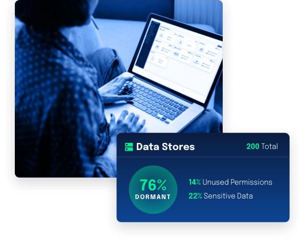 Woman using a laptop with data stores info box