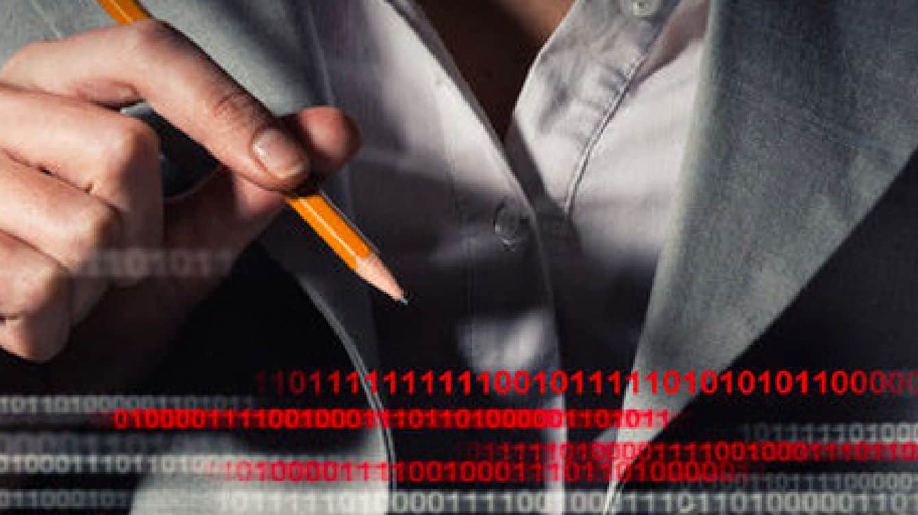 Man writing with a pencil with binary code below him
