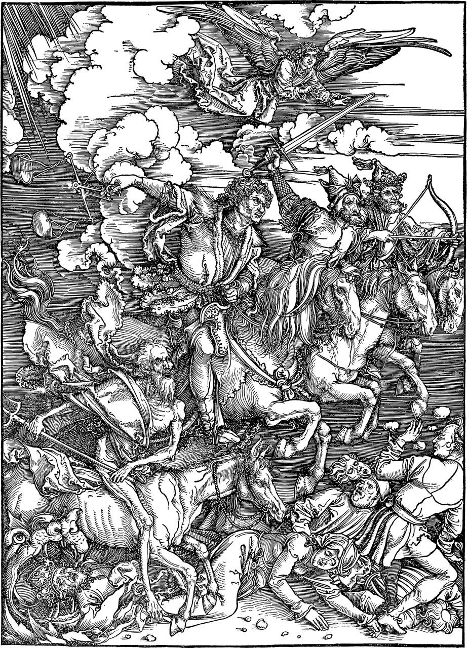 Woodblock print of the four horsemen