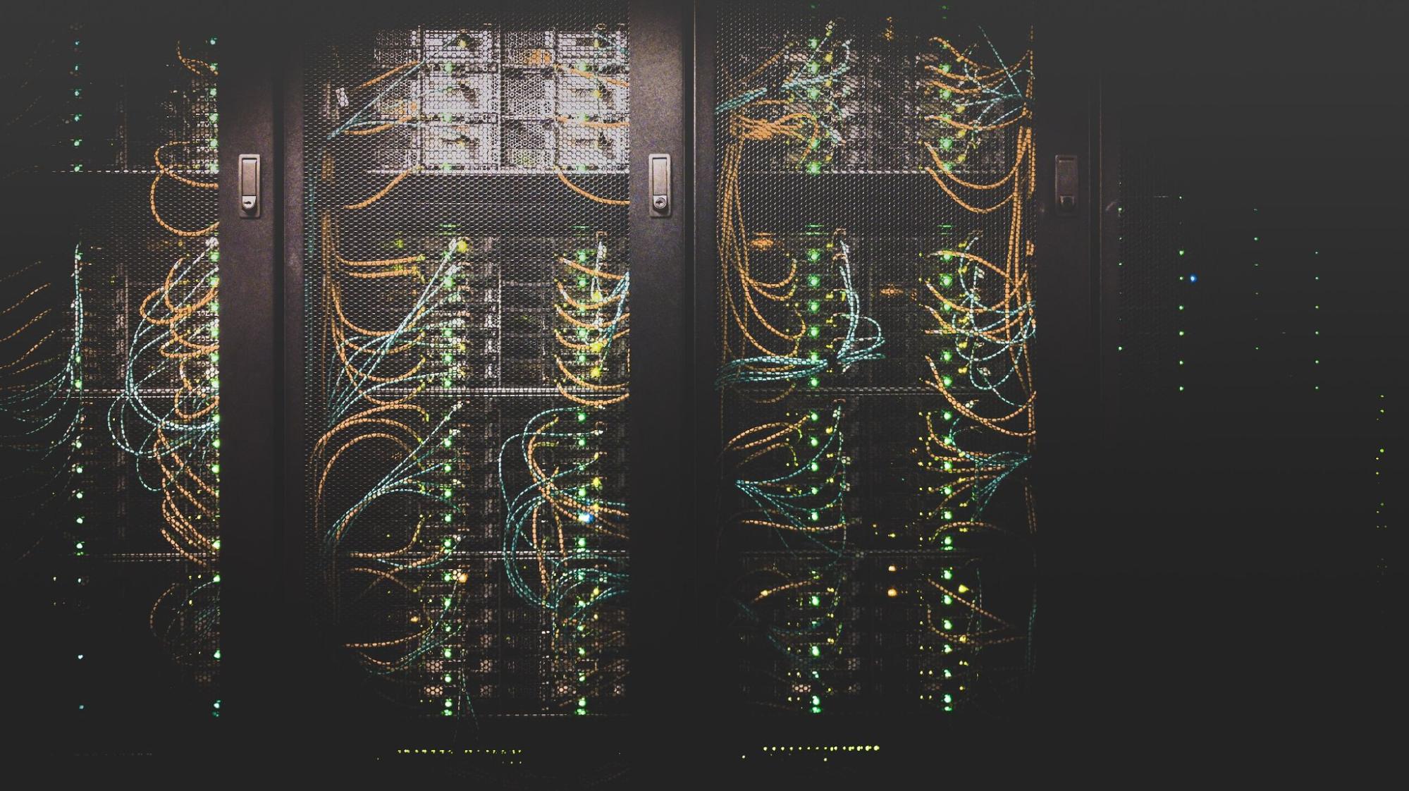 Multiple computer servers behind metal mesh doors